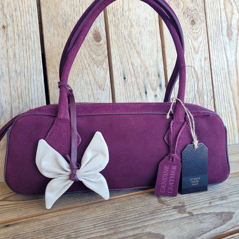 Gorgeous Real Suede Leather Purple Tote Handbag With Pebbled Leather Butterfly